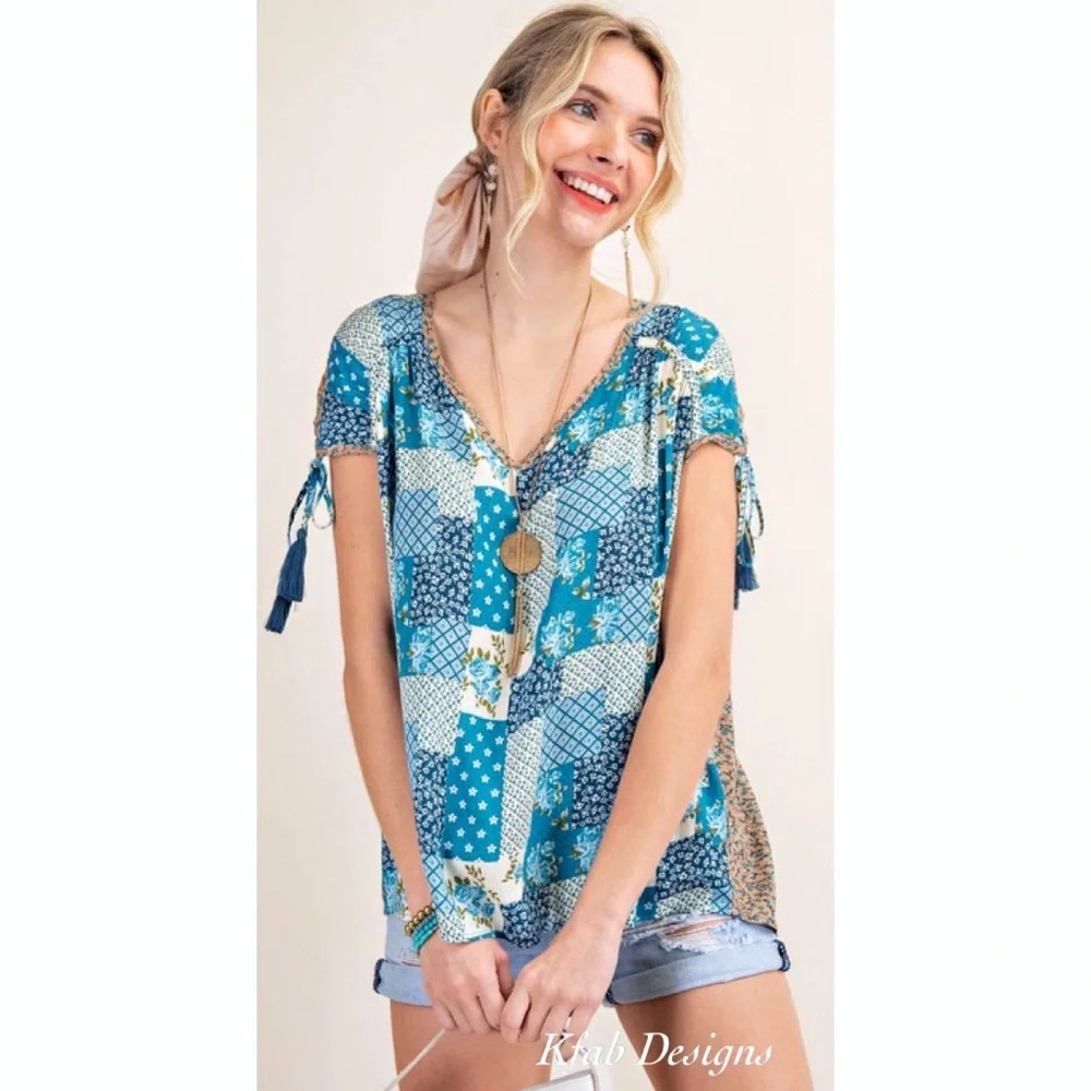 ❤️LAST 2! V Neck Teal Blue Mix Print Boho Crinkle Side Tie Top! - Picture 6 of 8